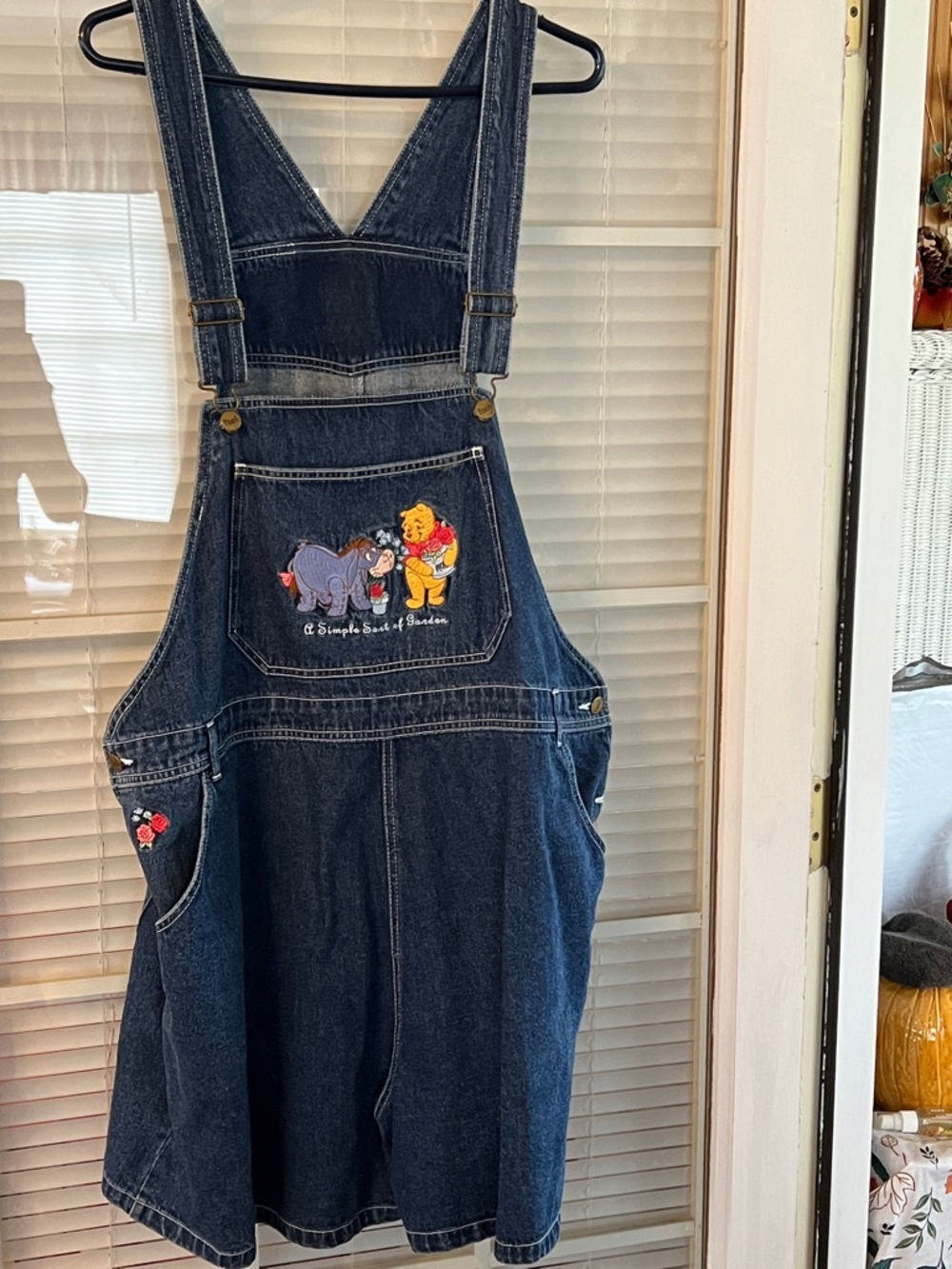 Disney Dark Blue Denim Overall Shorts with Winnie the Pooh Embroidery